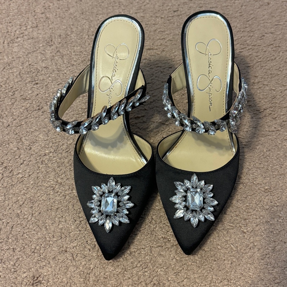 Jessica Simpson Black Satin pumps with crystal detailing
